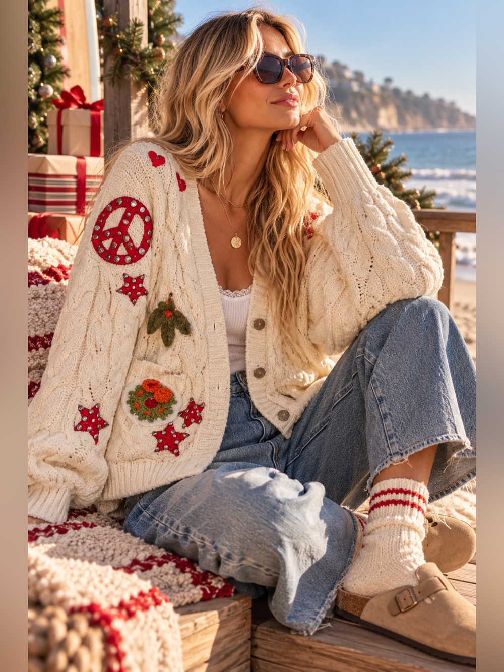 POL “Wonderland” Christmas Patch Chenille Cardigan Oversized Sweater | Cream